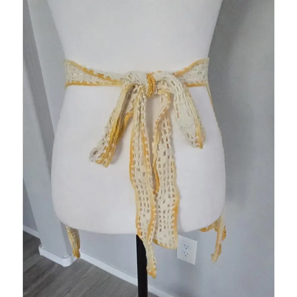 Vintage Hand Crocheted White And Yellow Half Apron Diner Hostess